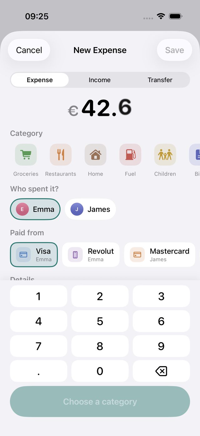 Kunaa's New Expense screen with a number keypad, categories, and choices for who spent it and which card paid.