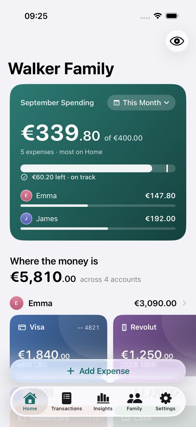 Kunaa's Home screen for the Walker family: September spending by person and the balance on every card.